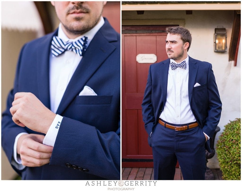 groom, monogrammed shirt, groom outfit, groom inspiration, navy blue suit, bowtie