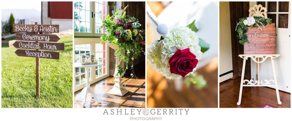 wedding ceremony details, burgundy flowers, blue moon florists, calligraphy, handmade rustic signs