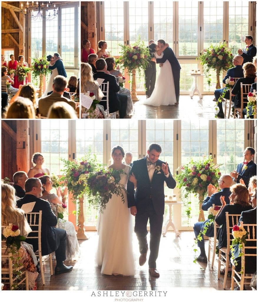 first kiss, wedding ceremony, bride and groom, barn wedding, rustic wedding, labor day wedding