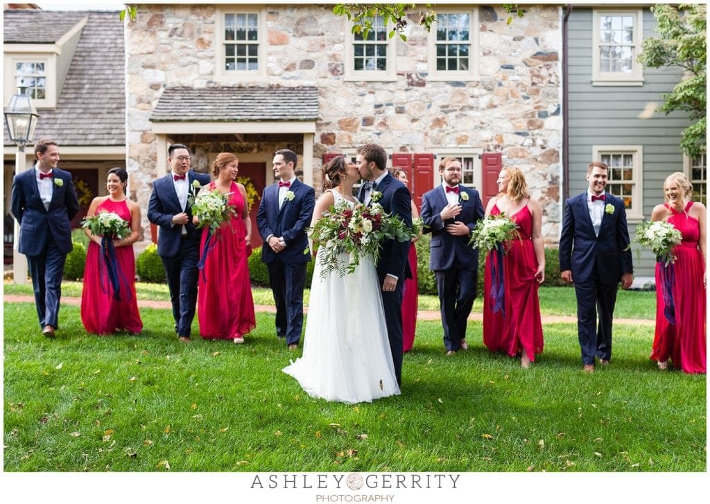Bridal party, bridal party inspiration, wedding party, bridesmaids, groomsmen, navy blue and red color scheme