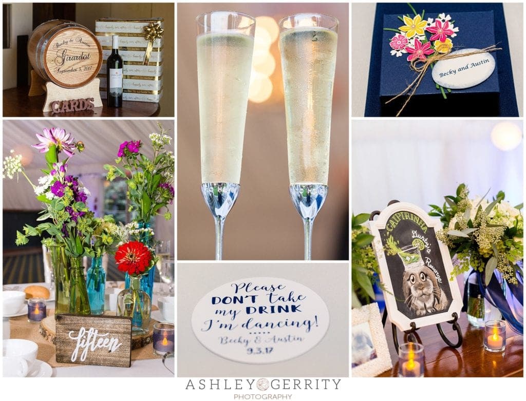 reception decor, reception details, wedding favors, champagne glasses, centerpieces
