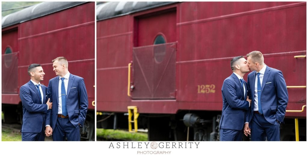 Jim Thorpe, train, historic, same sex wedding, gay wedding, navy suits, same sex wedding inspiration 