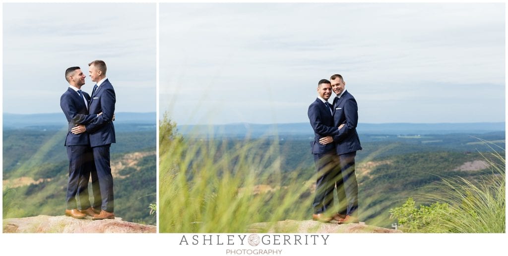 same sex wedding, wedding portrait, navy suits, mountaintop, mountain, blue sky, gay wedding 