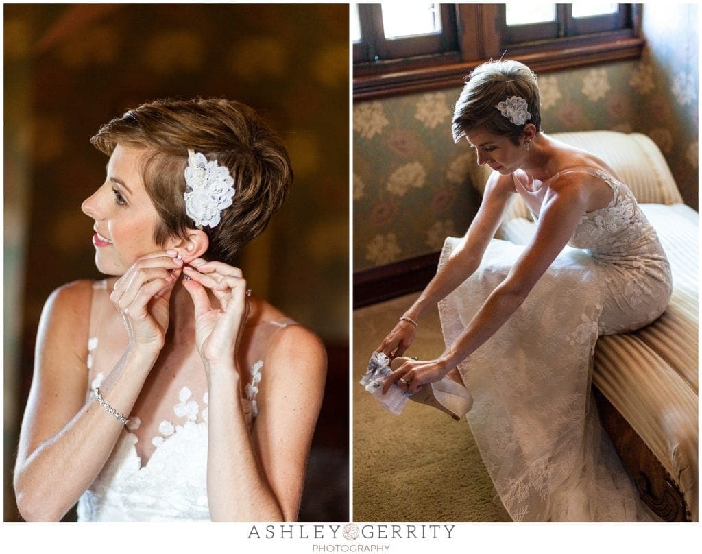 bride, window lit portrait, earrings, details, getting ready, garter, wedding look
