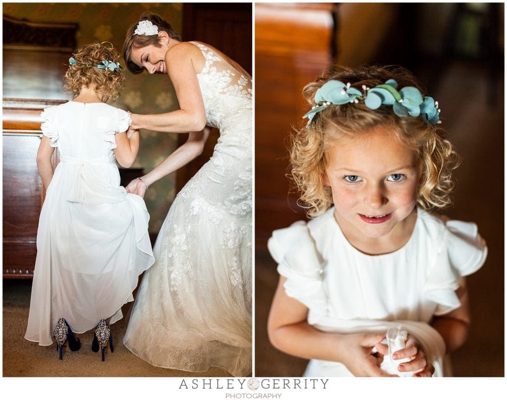flower girl, getting ready, knowlton mansion, flower crown, wedding shoes, 
