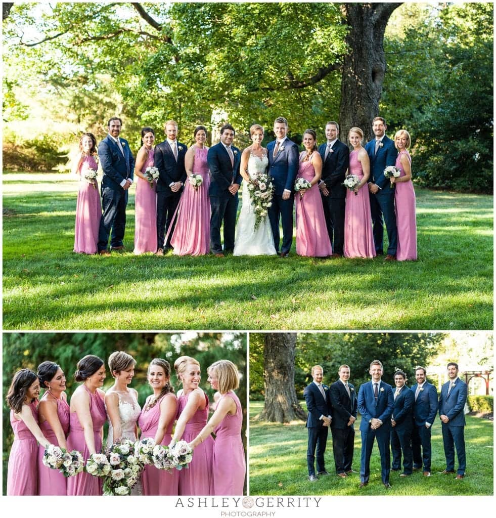 bridal party, bridal party inspiration, outdoor portraits, pink bridesmaid dresses, navy suits, florals, 