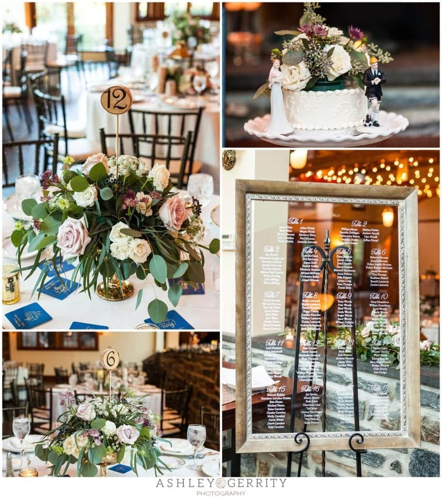 details, reception decor, reception details, conroy catering, la petite fleur, centerpieces, seating chart, wedding cake, cake topper