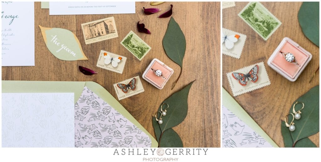 stationery suite, wedding invitations, organic, ethereal, engagement ring, jewelry, leigh florist, paper jane studio, vintage stamps, vintage, rustic