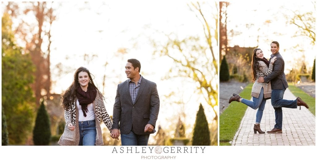golden hour, engagement session, engagement, engaged, longwood gardens 