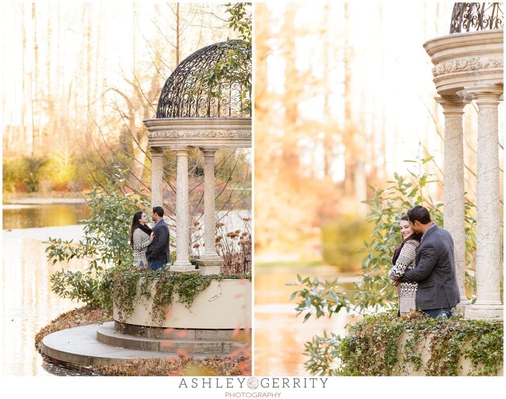 engaged, fiance, engagement inspiration, engaged, engagement posing, Longwood Gardens, magic hour, gazebo, pond