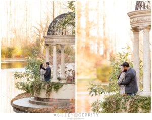 engaged, fiance, engagement inspiration, engaged, engagement posing, Longwood Gardens, magic hour, gazebo, pond
