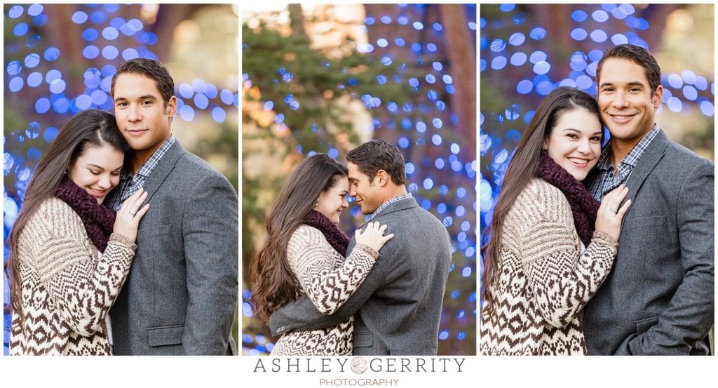 engaged, fiance, engagement inspiration, engaged, engagement posing, Longwood Gardens, magic hour, twinkle lights, Christmas lights