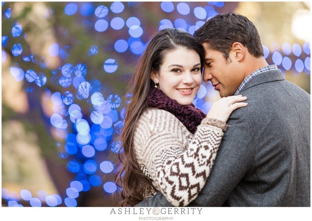 engaged, fiance, engagement inspiration, engaged, engagement posing, Longwood Gardens, magic hour, twinkle lights, Christmas lights