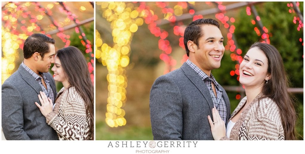 engaged, fiance, engagement inspiration, engaged, engagement posing, Longwood Gardens, magic hour, twinkle lights, Christmas lights