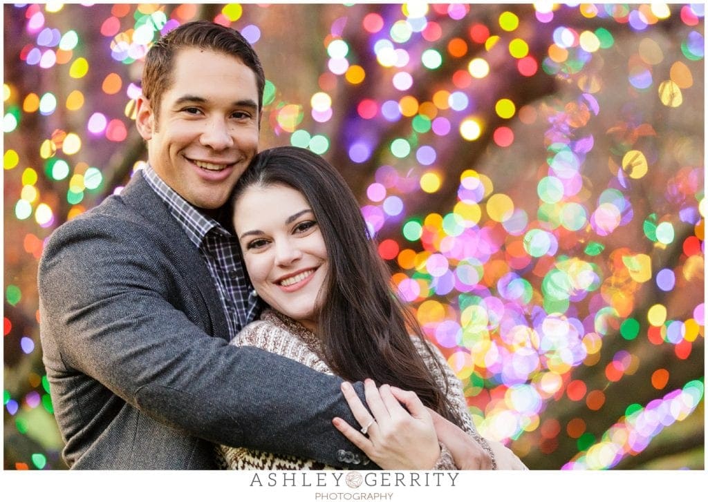 engaged, fiance, engagement inspiration, engaged, engagement posing, Longwood Gardens, magic hour, twinkle lights, Christmas lights