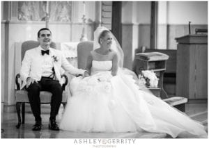 bride and groom, wedding ceremony, catholic ceremony, drexel hill, philadelphia, black and white