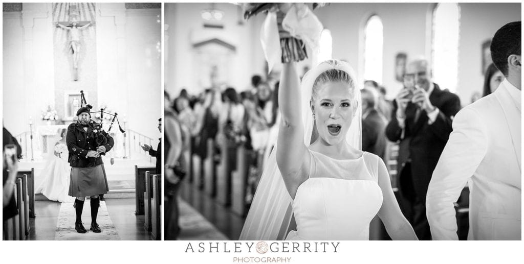 bagpipes, bagpiper, wedding ceremony, black and white, recessional