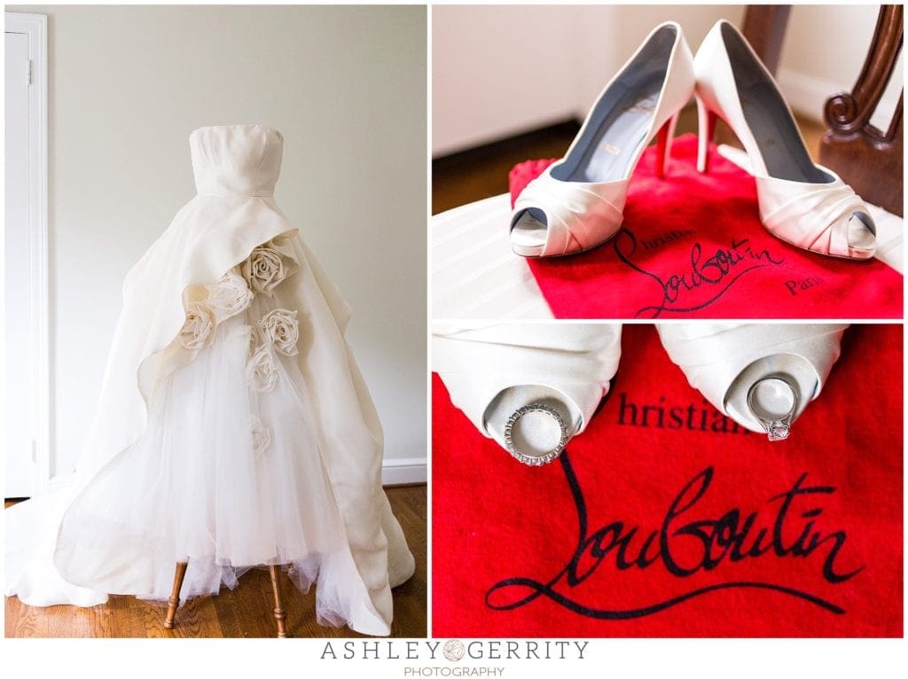 wedding dress, champagne, ivory, louboutins, christian louboutin, red bottoms, red heels, wedding shoes, getting ready, bridal prep, 