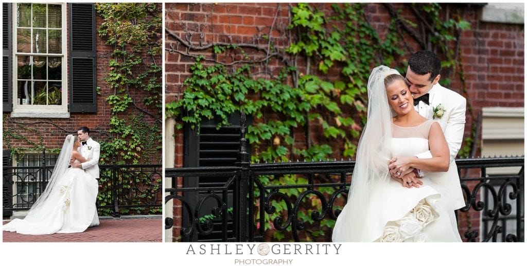 bride and groom, couples portraits, ivy covered wall, philadelphia, side streets, wedding inspiration, posing inspiration 
