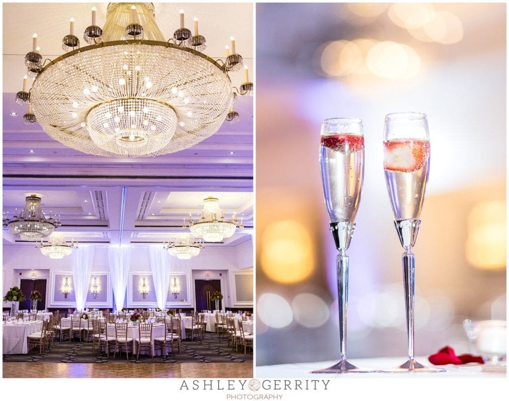wedding reception, ballroom reception, reception details, champagne flutes, hotel reception