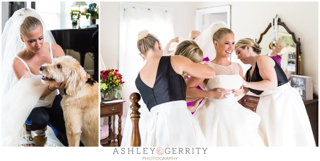 bride, bridesmaids, black and white, dog, fur baby, bridal prep, getting ready