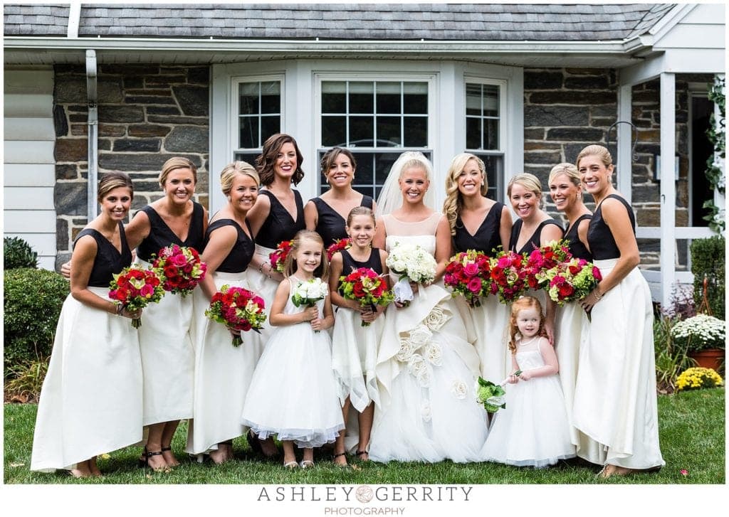 bride, bridesmaids, flower girls, black and white, classic, elegant, high low bridesmaid dresses