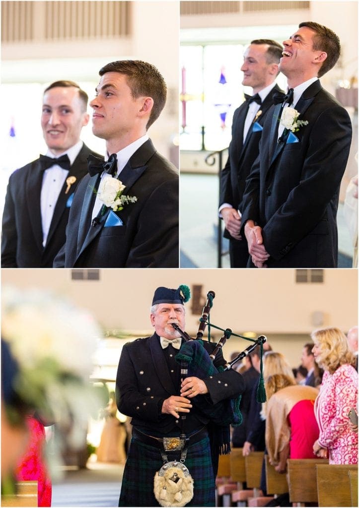 bagpiper, bagpipes, wedding surprise, wedding day surprise, ceremony, irish wedding, surprised groom, 