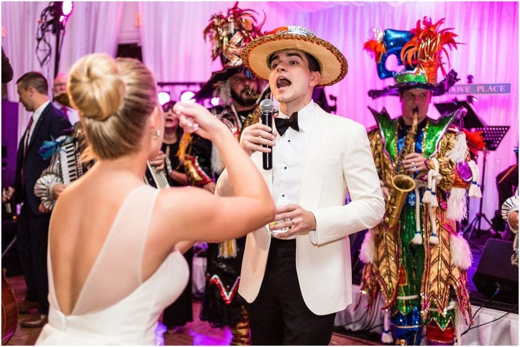 mummers, sheraton society hill, wedding reception, wedding surprises, singing groom
