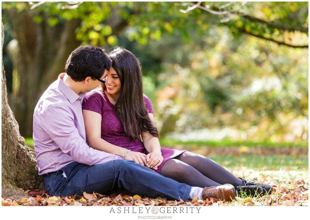 Sitting in the fallen leaves at the Morris Arboretume