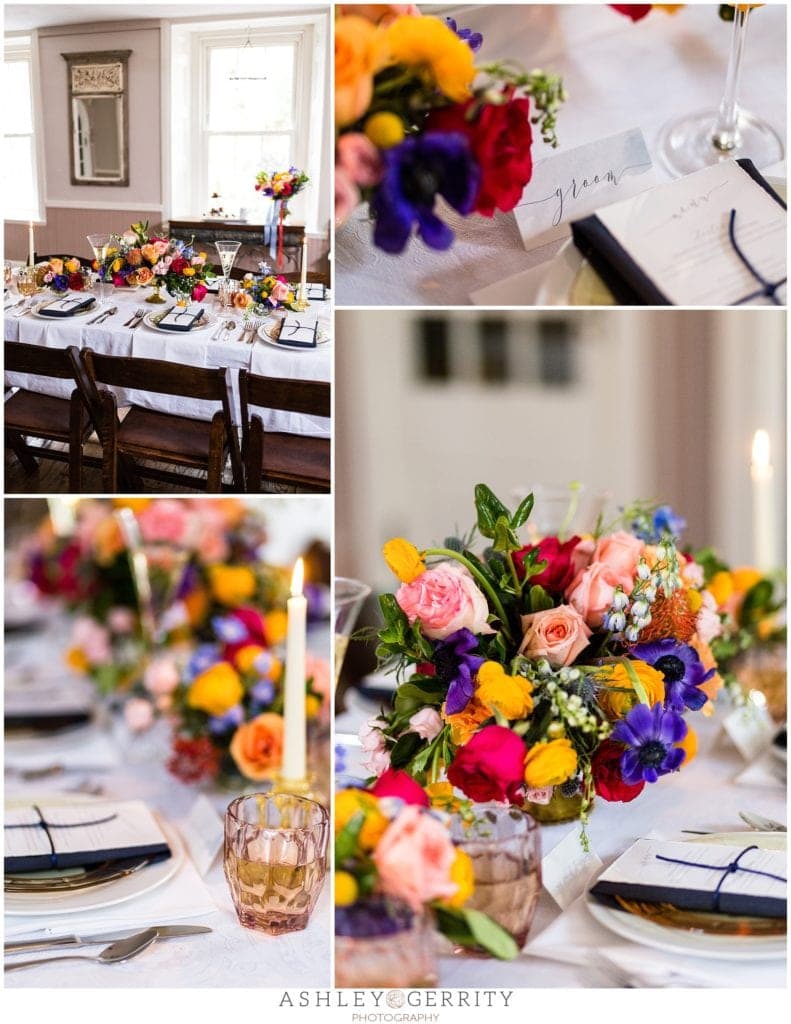 wedding tablescape inspiration, colorful centerpieces, blue napkins, watercolor menu, hand-lettered name cards