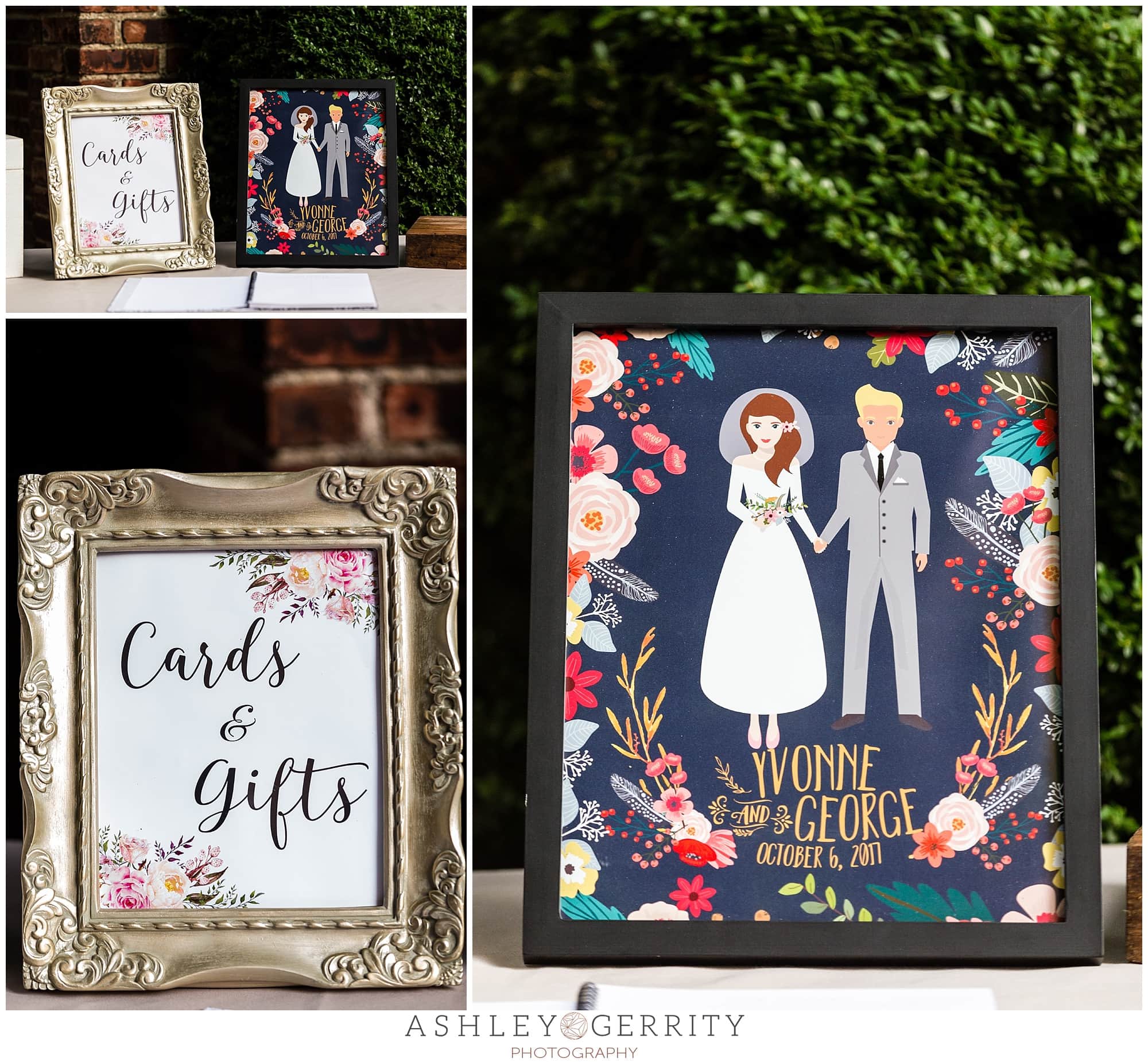 Hand-drawn wedding signs at the Colonial Dames in Philadelphia featuring caricatures of the bride & groom with vibrant floral colors