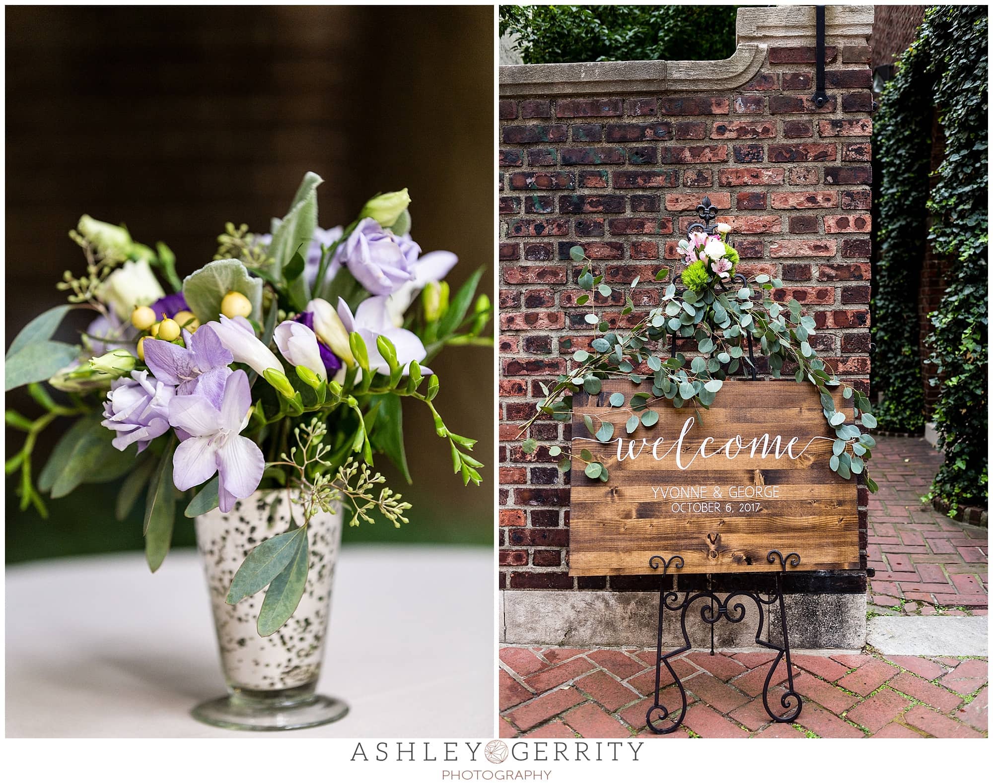 Greenery & lilac flowers brought together different wedding details such as these mercury glass vases and the wooden hand-painted welcome sign.