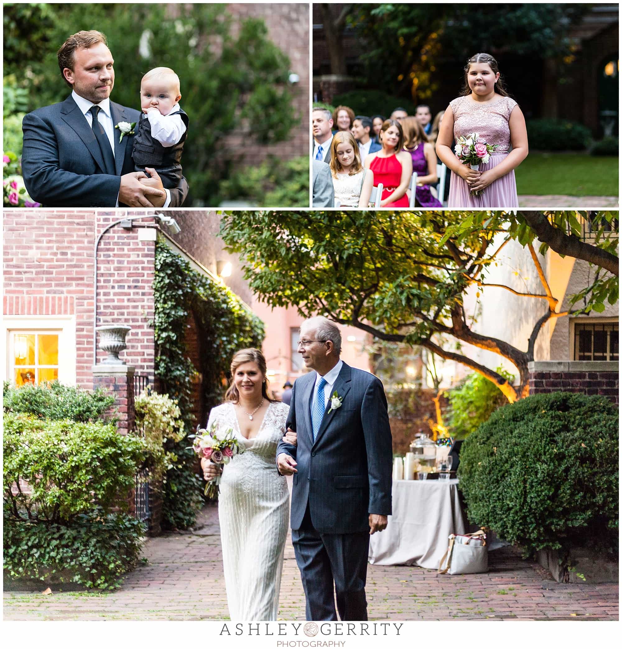 Groom carries his 8 month old son down the aisle with him for his wedding ceremony. Bride walks down the aisle with her father. Bride's daughter serving as maid of honor walks down the aisle ahead of bride.