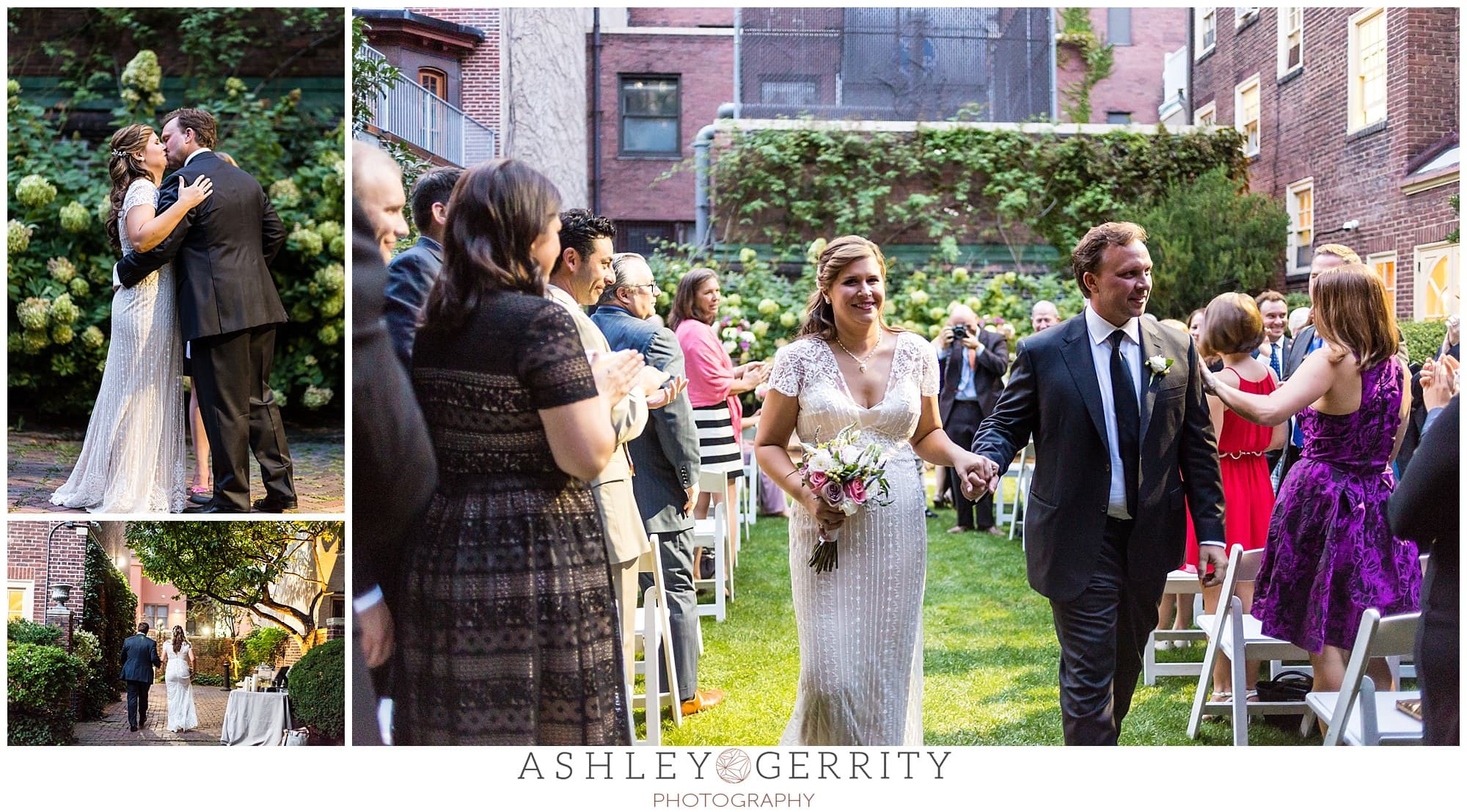 Bride & Groom share their first kiss as Mr & Mrs before they walked down the aisle together from their Colonial Dames wedding.