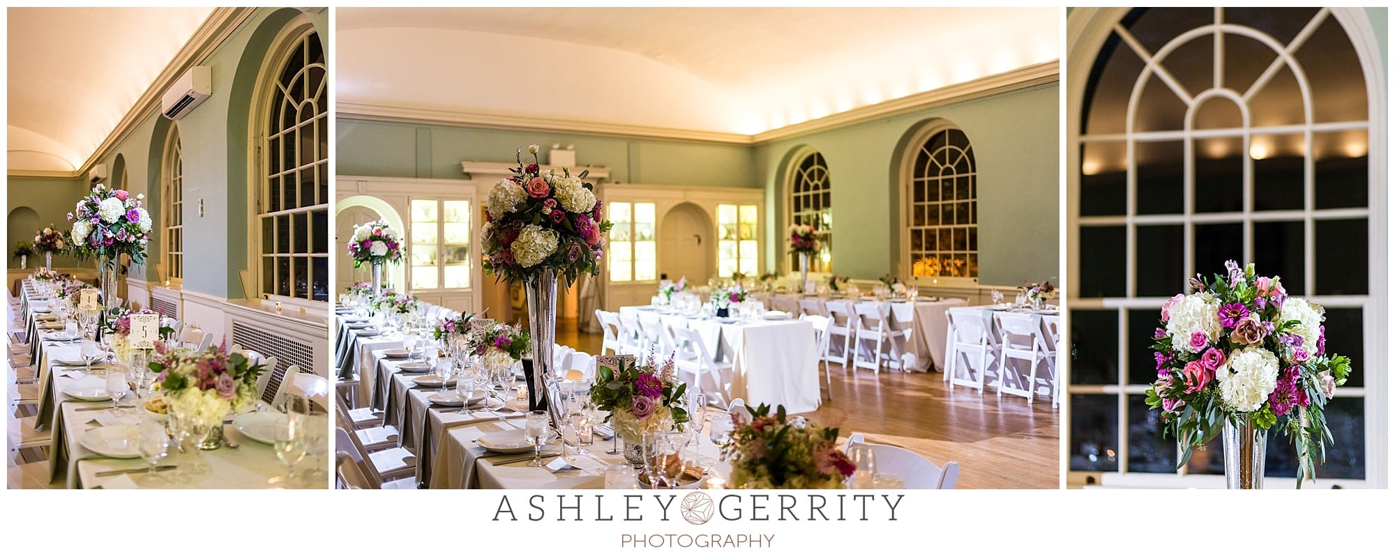 Long rows of tables are decorated with towering floral centerpieces paired with smaller arrangements in the ballroom at the Colonial Dames in Philadelphia.