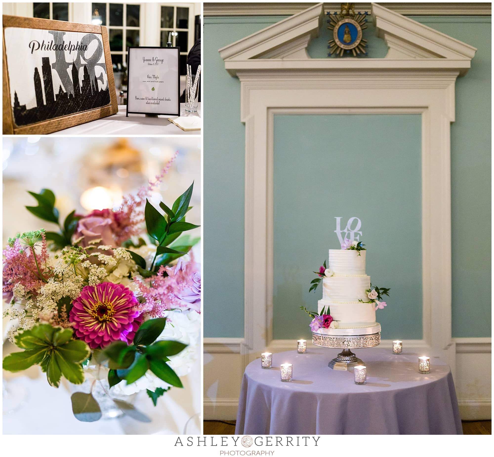 The Philadelphia skyline was a prominent theme at this colonial dames wedding. A simple cake iced in white buttercream frosting with fresh florals.