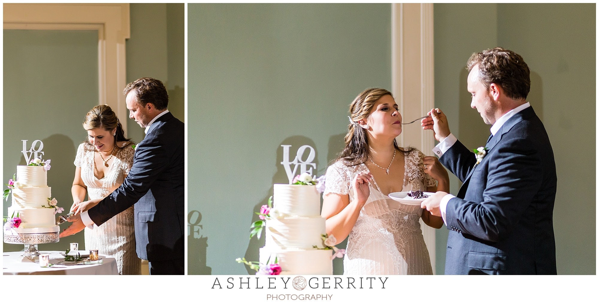 Bride & Groom cutting their wedding cake at the Colonial Dames