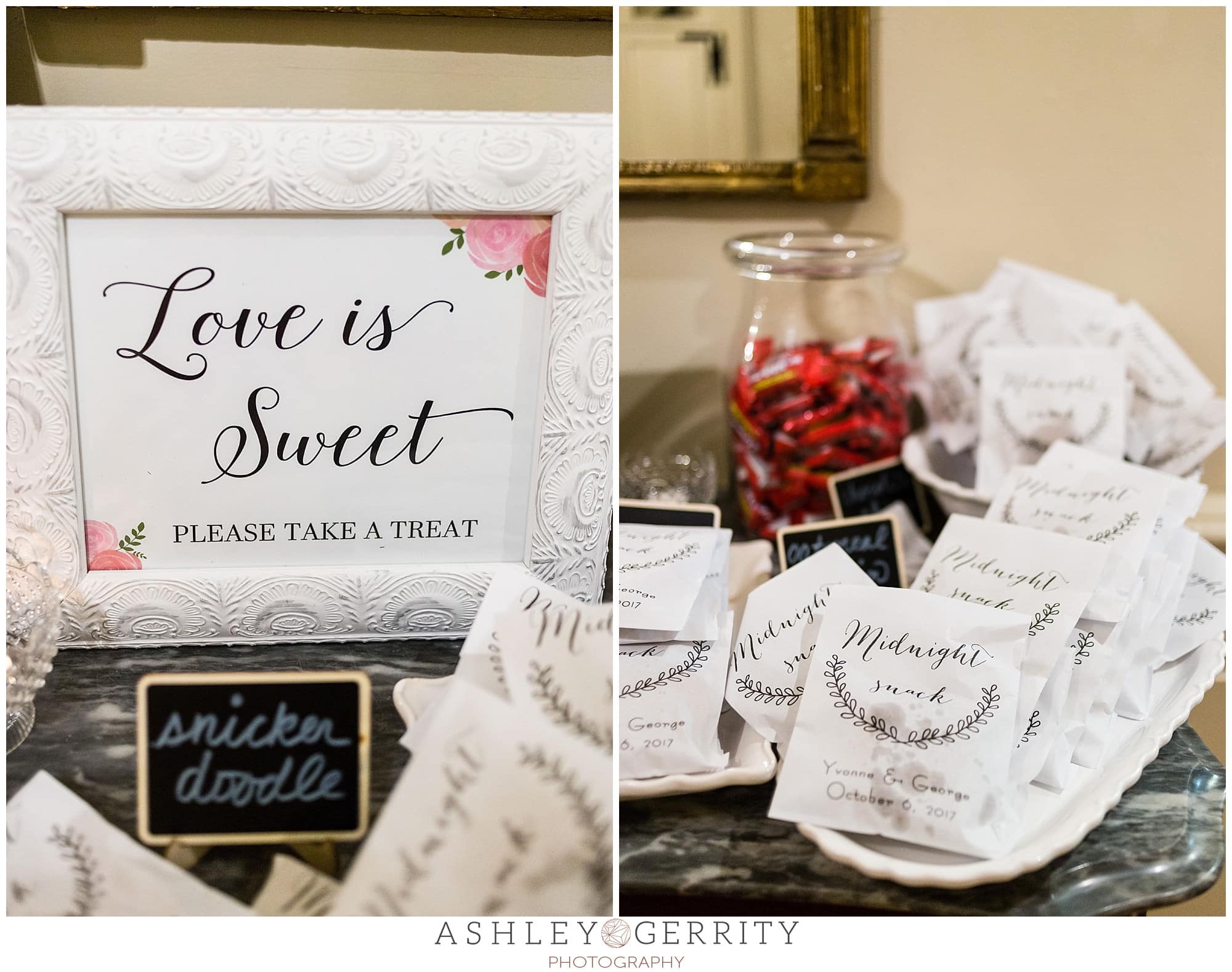 Ashley Gerrity Photography | www.ashleygerrityphotography.com | Individually packaged sweets in custom printed bags awaited guests as they left the foyer at the Colonial Dames.