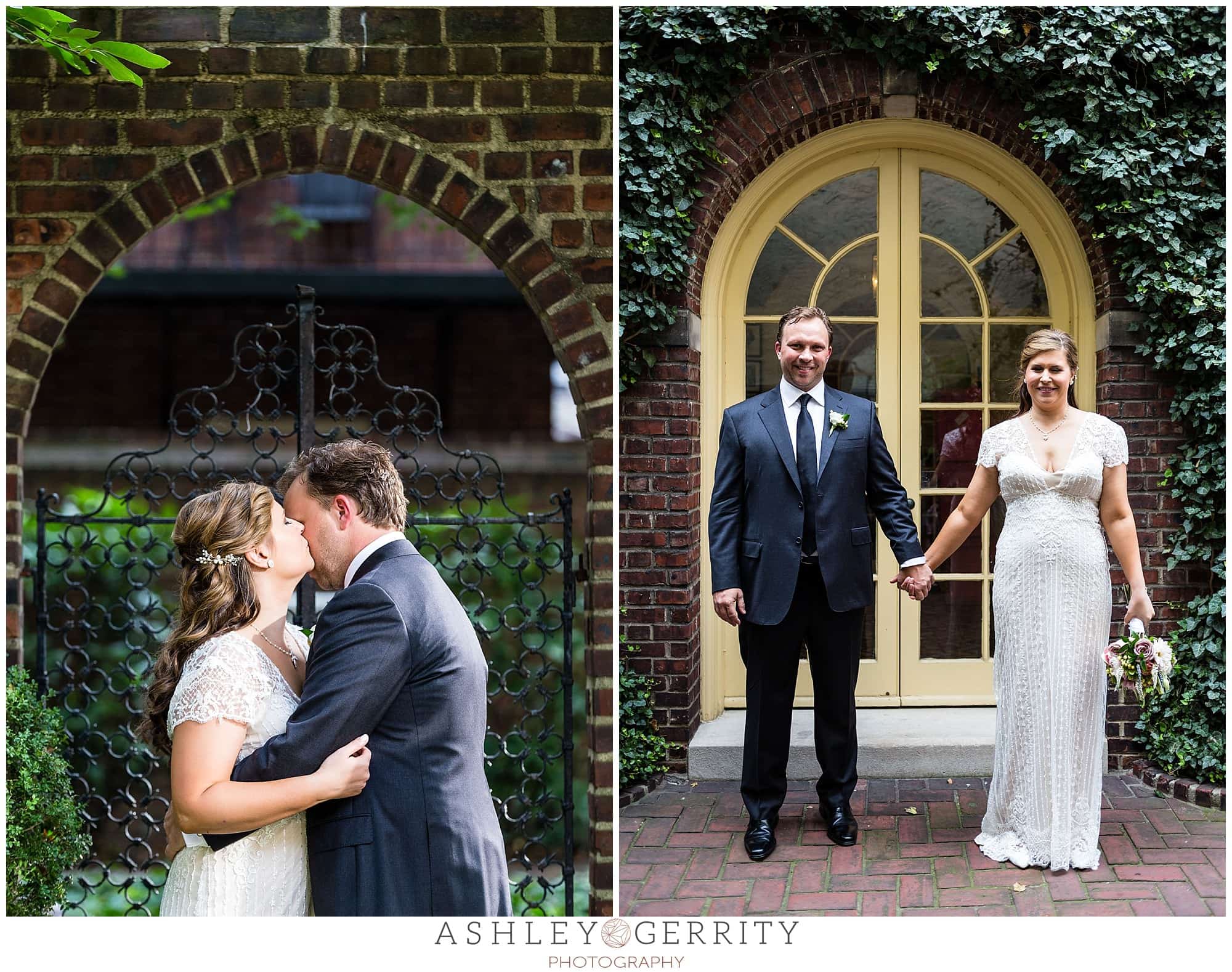 Colonial Dames wedding portraits in outdoor courtyard in front of ivy walls and arched windows.