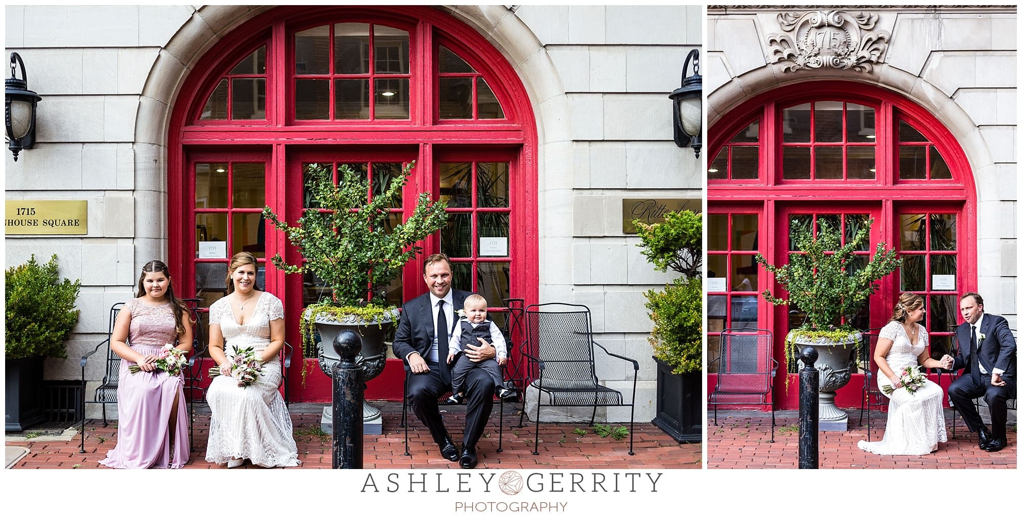 Bride & groom pose with their children in front of Rittenhouse 1715 after getting ready for their Colonial Dames wedding.