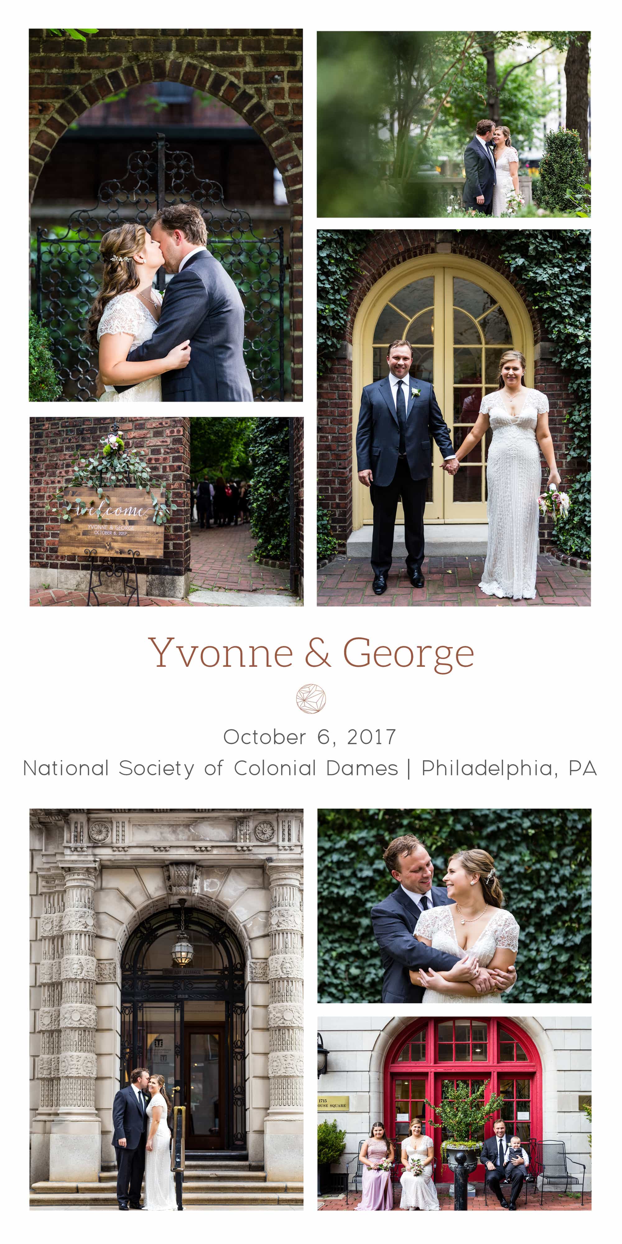 Collage of portraits of bride and groom around Rittenhouse Square Philadelphia and the grounds of their Colonial Dames wedding