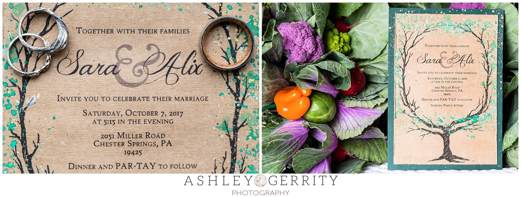 Tree of life wedding invitation from Etsy paired with vegetable bouquets of cabbage, peppers, & broccoli wrapped in fresh herbs from Wegmans