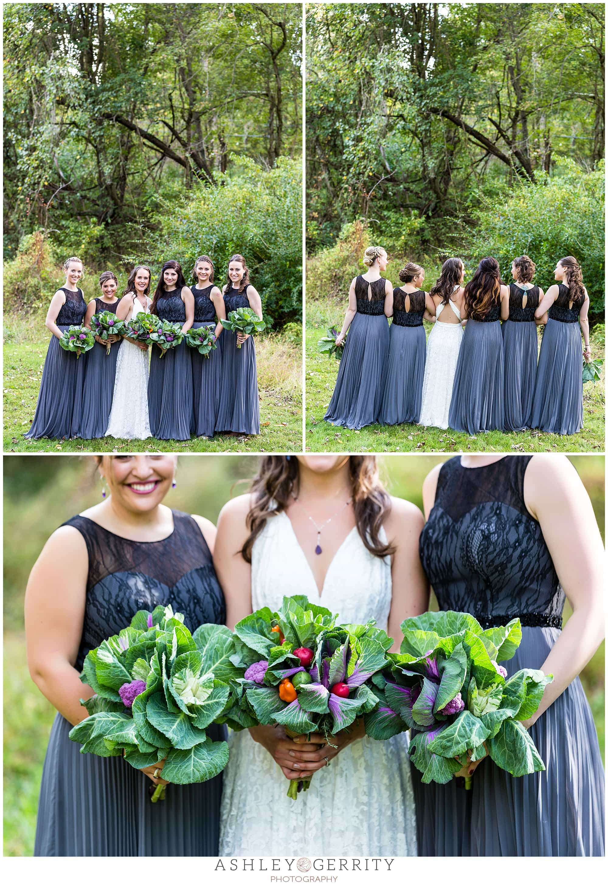 Bride &amp; her wedding party, bridemaids in deep periwinkle full length gowns, carrying vegetable bouquets