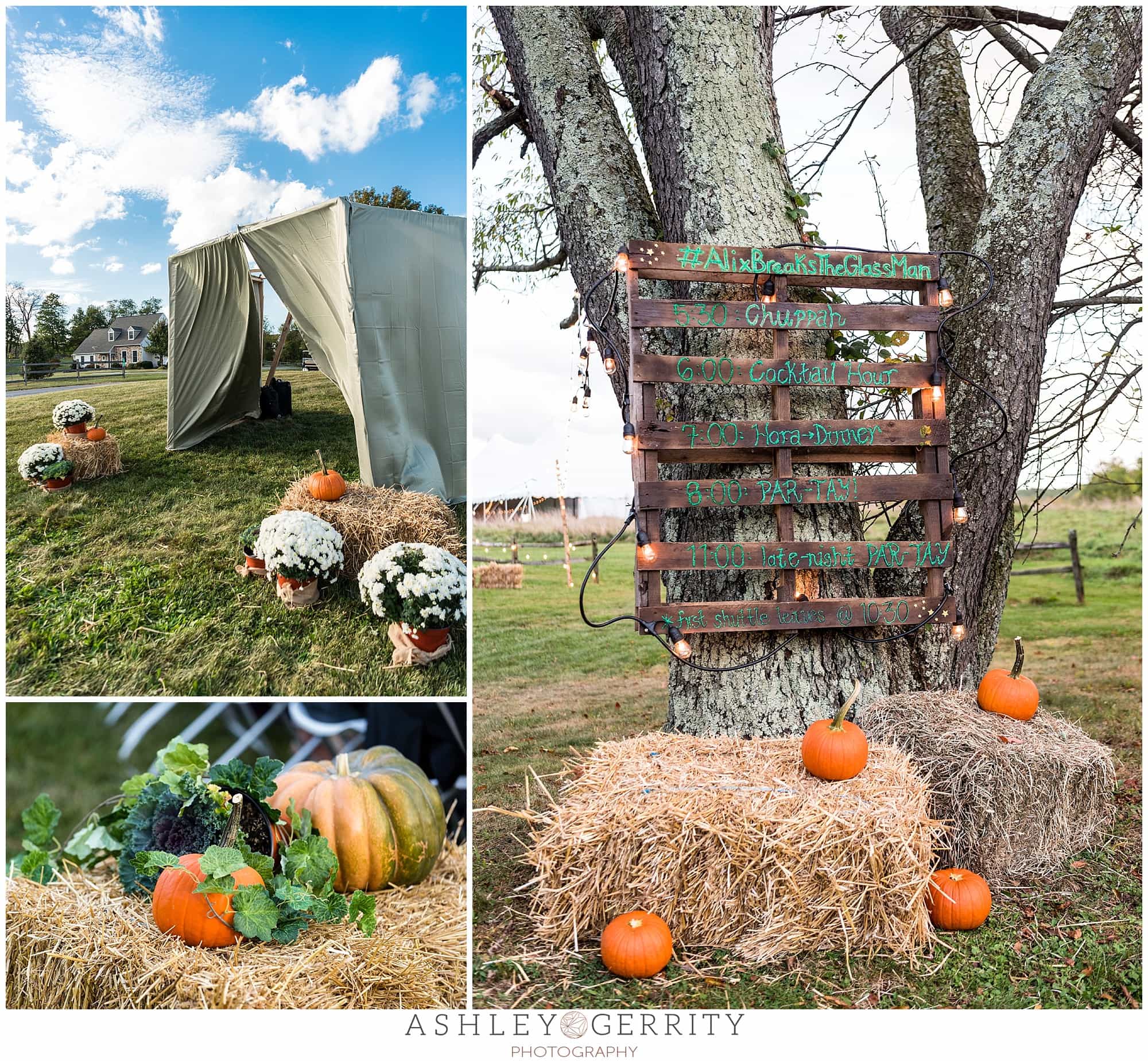 Hand-painted direction sign nailed to a tree, autumn wedding decorations include hay bales, pumpkins, gourds, & mums.