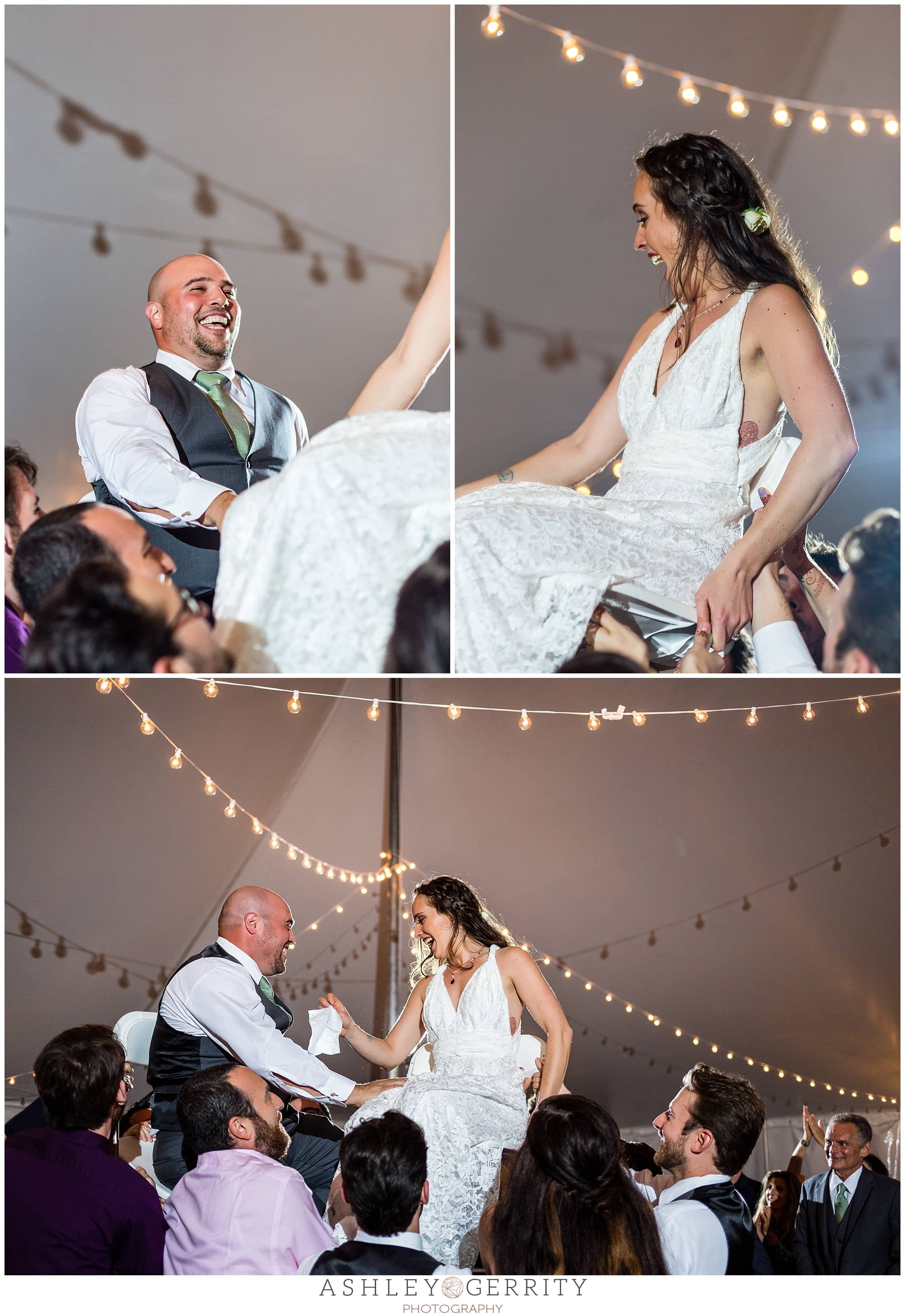 During a hora, bride & groom are lifted up in chairs as guests surround them and dance.