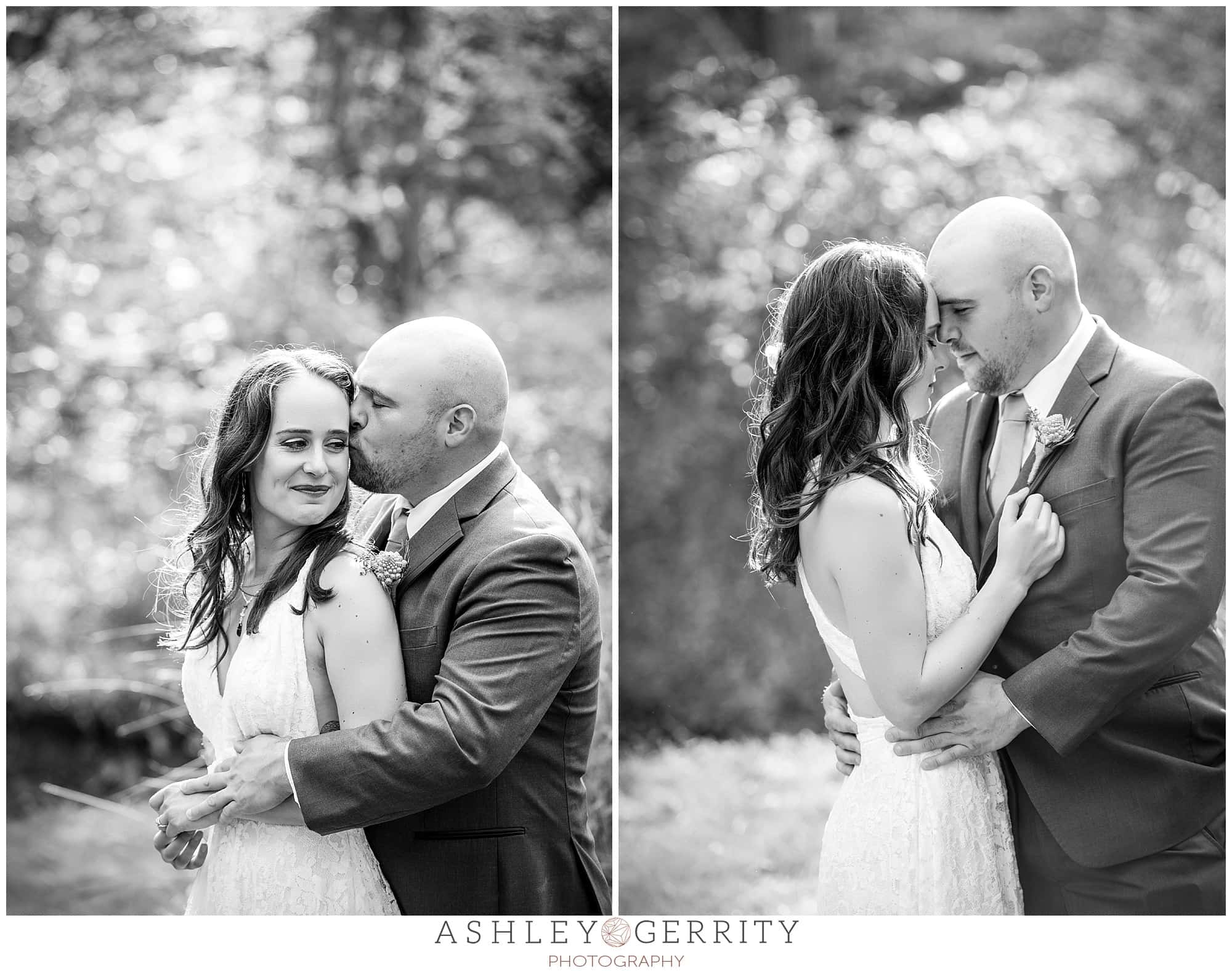Bride & groom happily embracing in a field during their Chester Springs wedding 
