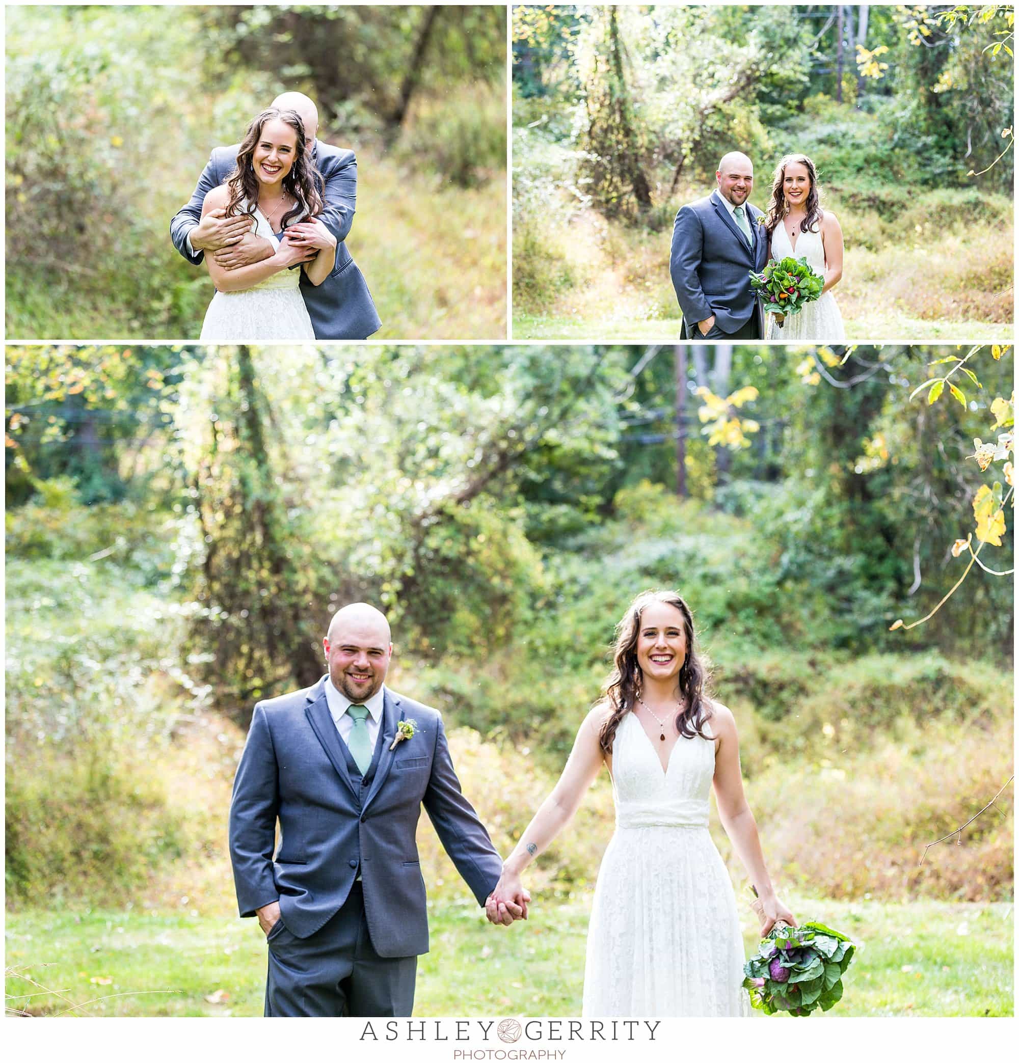 Bride & groom happily embracing in a field during their Chester Springs wedding 