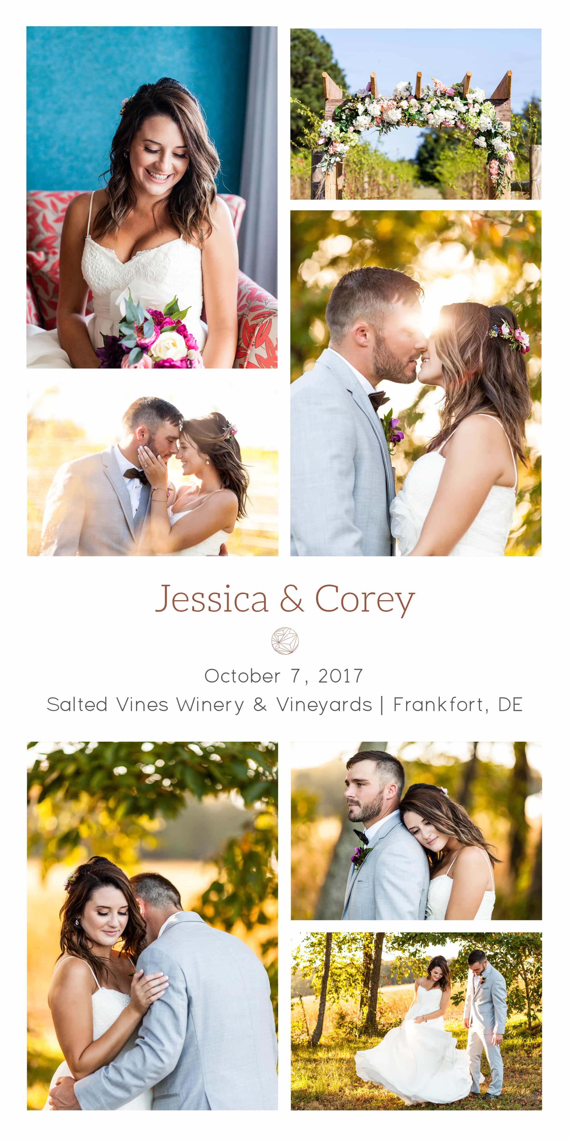 Collage of couples portraits from a summer wedding at Salted Vines Winery in Rehoboth, Delaware.