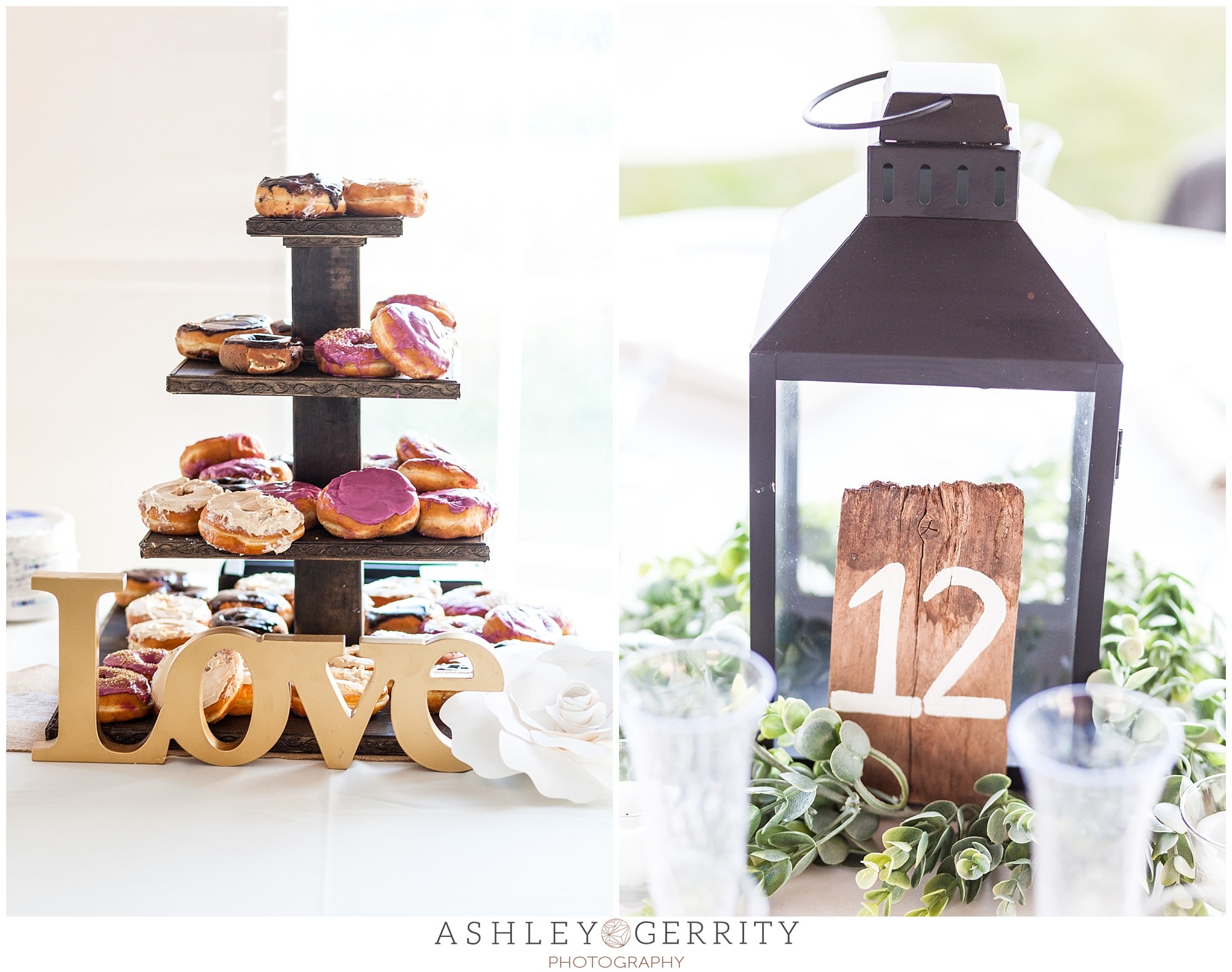 Rustic DIY Donut tower and lantern table numbers at a Salted Vines Winery wedding.