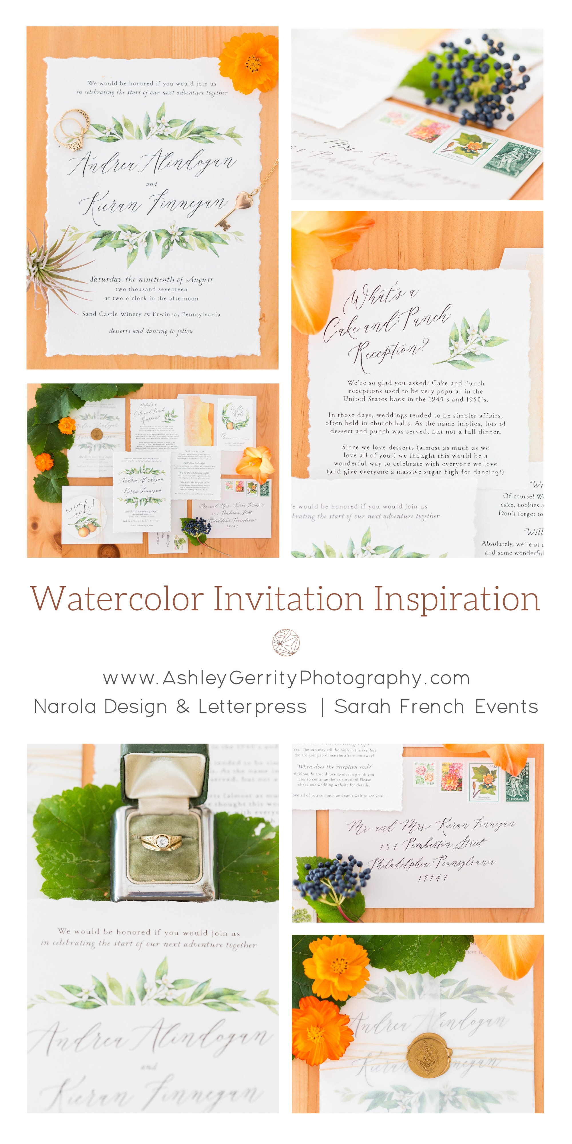 Hand-painted watercolor wedding invitation suite with calligraphy. Citrus, orange and greenery, vintage golds wedding bands with hand-lettered wedding invite